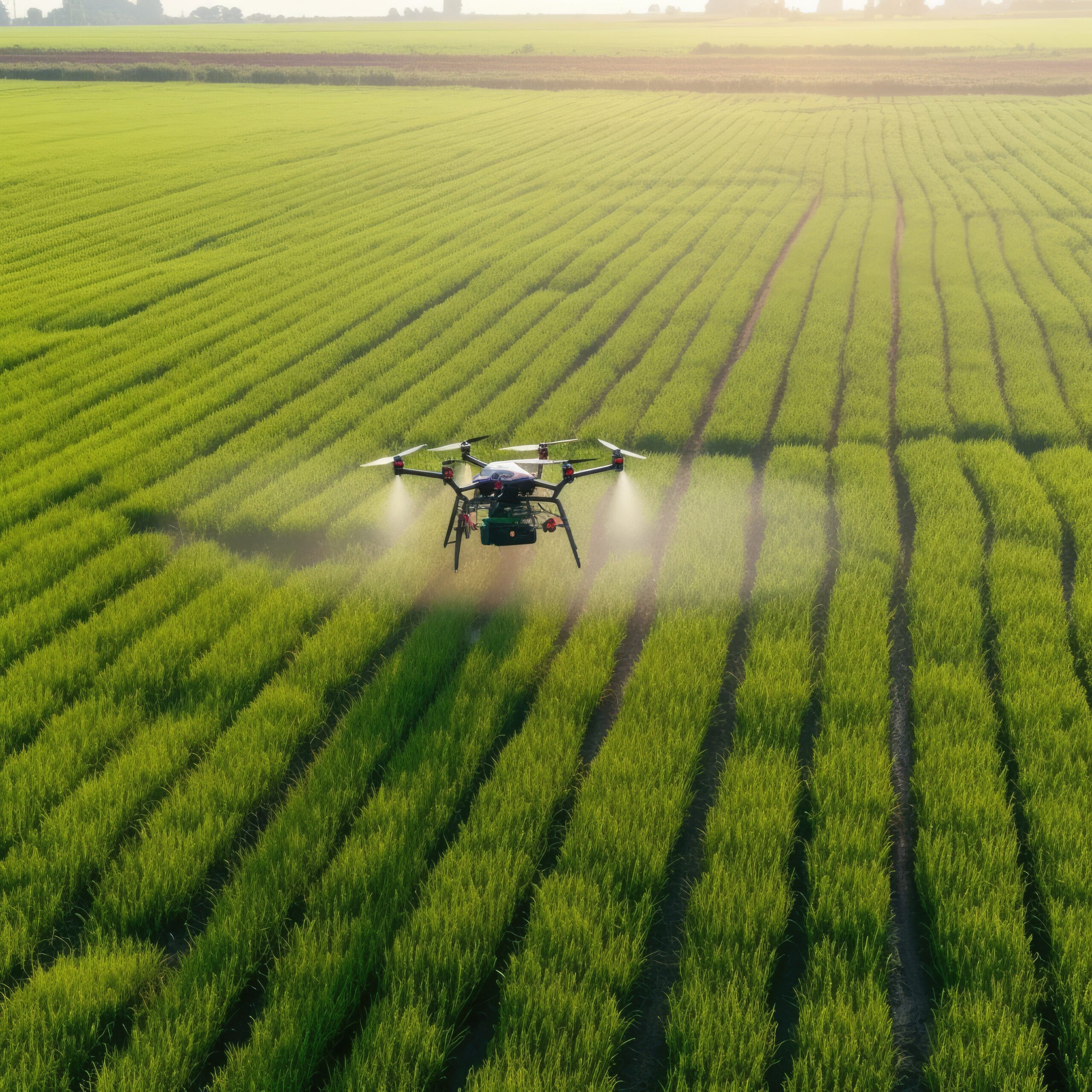 drones spray fertilizer field sunset generative ai scaled